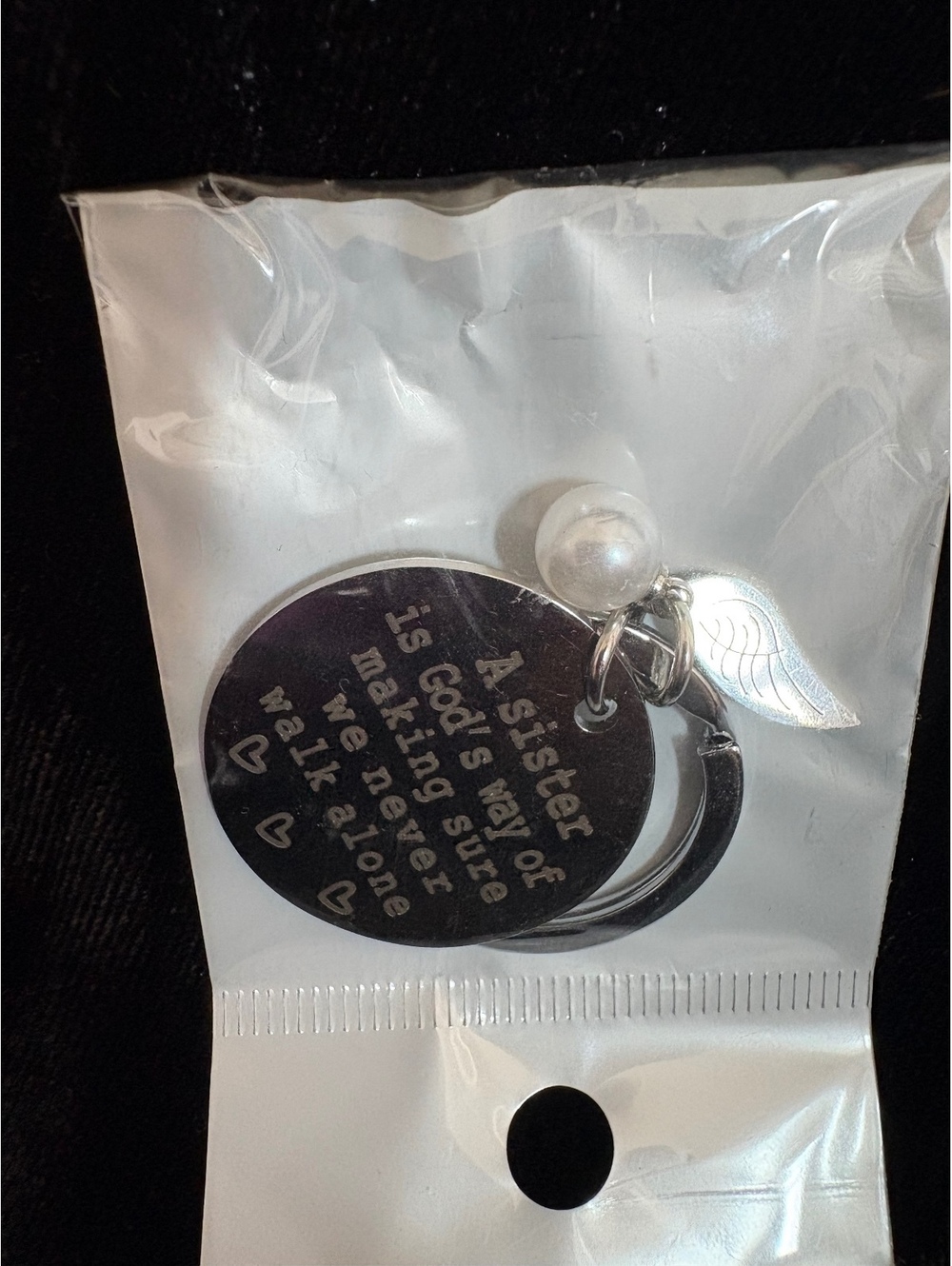 Inspirational Sister Keychain with Engraved Message and Charms